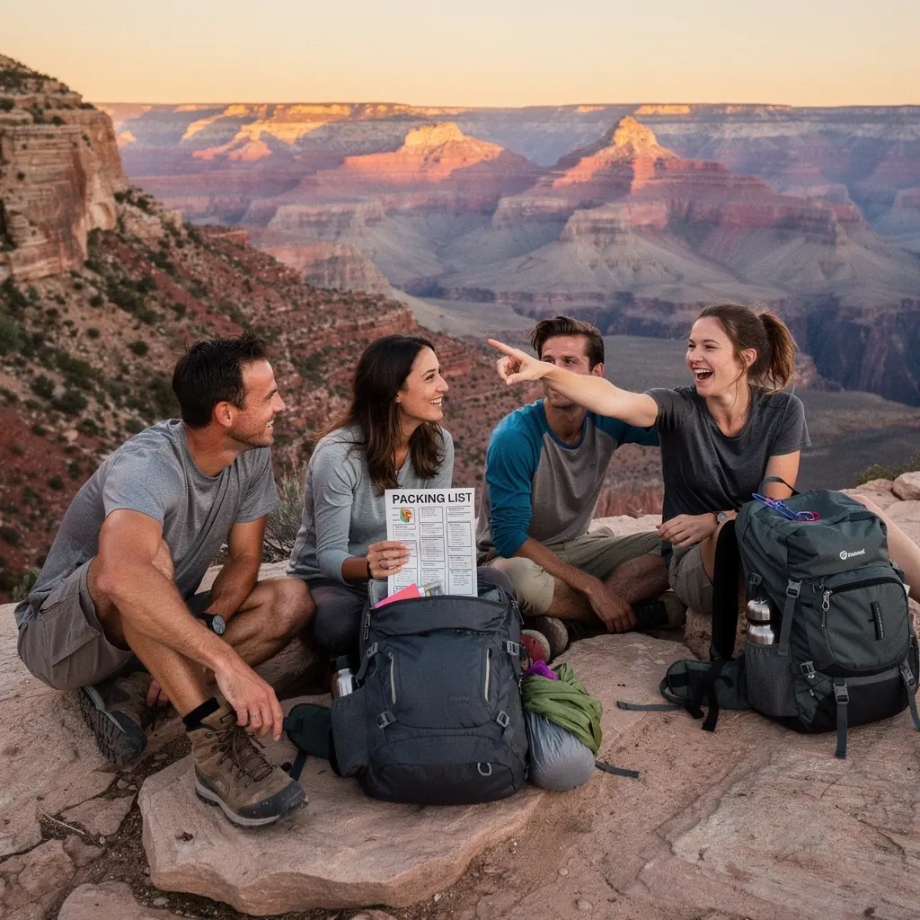 Plecak turystyczny leżący na trawie obok listy niezbędnych rzeczy do zabrania.